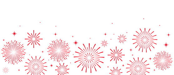 Elegant red fireworks burst and sparkling stars on clean white background, festive celebration illustration for New Year, holiday party, greeting card, luxury event design, minimalist style vector. © bibin