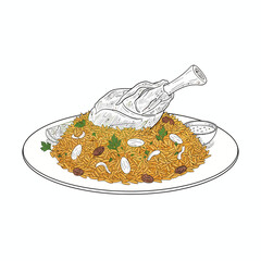 Kebuli rice served with flavorful condiments, raisins, and aromatic spices.