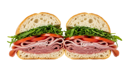 Deliciously stacked deli sandwich cut in half showcasing layers of ham tomatoes and greens isolated on transparent background