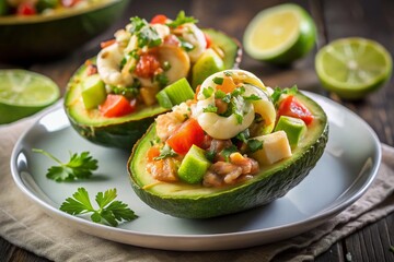 Keto Shrimp Stuffed Avocado:  Night Photography of Elegant Low-Carb Appetizer