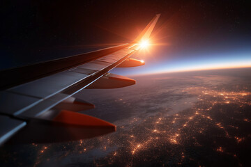 An airplane wing against the backdrop of dawn, sunset, a starry sky, and a scatter of city lights on Earth's surface. An atmospheric shot about flying, travel, and global connectivity.