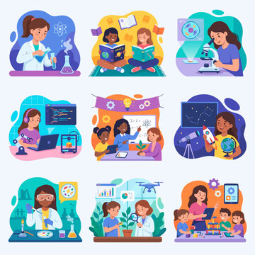 Collection of illustrations showing children and young women engaged in various STEM activities and learning.