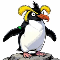 southern rockhopper penguin standing rock illustration
