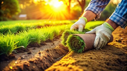 Laying Sod, Fresh Lawn Installation, New Turf, Garden Renovation, Landscaping Project