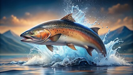 Leaping Salmon Fish Splashing Water Illustration - Rule of Thirds Composition