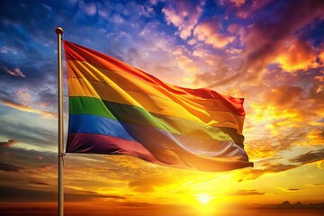 LGBTQ+ Pride Flag Sunset Celebration - Waving Rainbow Banner at Dusk