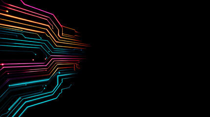 Vibrant digital circuit lines illuminated against a dark background, symbolizing innovation and technology advancement.