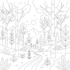 A line art illustration of a landscape featuring lush, full trees in a minimalist style.