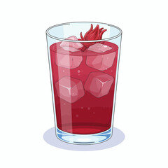 A refreshing roselle drink in a glass, featuring a vibrant pink magenta color.