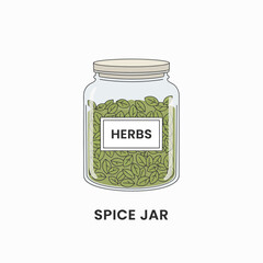 A glass jar filled with herbs, labeled &ldquo;herbs&rdquo; for easy identification and storage.