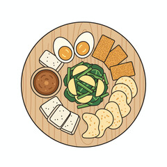 An aesthetic vector of gado-gado neatly plated on a wooden plate with a clean presentation.