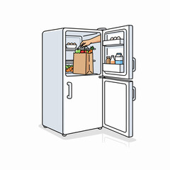 A refrigerator filled with neatly arranged food and drinks for daily household needs.