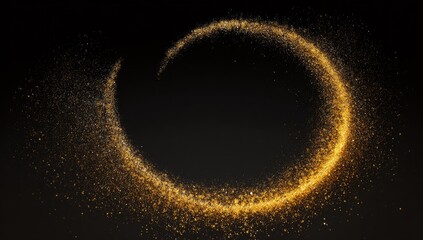 A gold glitter spiral arc swirling around a black void in a dark background, creating an abstract and elegant design