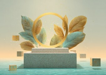 A golden ring floats amidst stylized foliage on a pedestal above water, with scattered geometric cubes