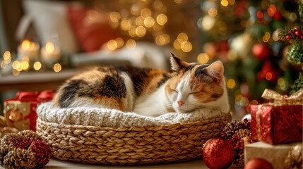 Cozy Cat Napping in Festive Christmas Setting: A peaceful cat nestled in a woven basket, surrounded by holiday decorations, and a soft bokeh effect in the background, creating a warm.