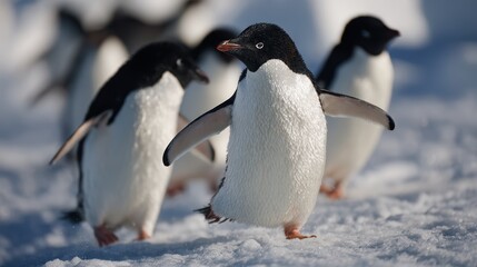 Obraz premium Penguin Parade: Playful penguins waddle across the frozen expanse of the polar region, their distinctive black and white plumage contrasting against the ice.