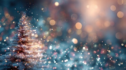 Sparkling Christmas tree with soft focus lights and falling snow, creating a magical atmosphere. This photo shows the essence of the winter season