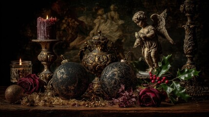 A captivating still life composition featuring antique ornaments, candles, and a cherub statue, evoking a sense of history and nostalgia. The warm light creates an atmosphere of serenity