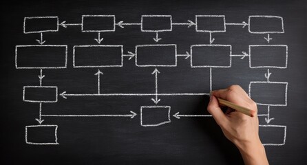 A hand draws a complex organizational chart with a pencil on a black chalkboard, illustrating a process flow
