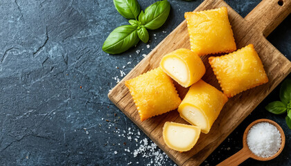Assorted Cheese Variety on Blue Background Top View Food Photography Platter