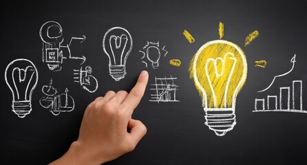 A hand points to a bright yellow lightbulb on a chalkboard, surrounded by various sketched ideas and other lightbulbs