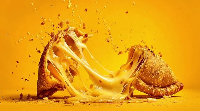 Delicious Turnover Explosion With Melted Cheese On Yellow Background