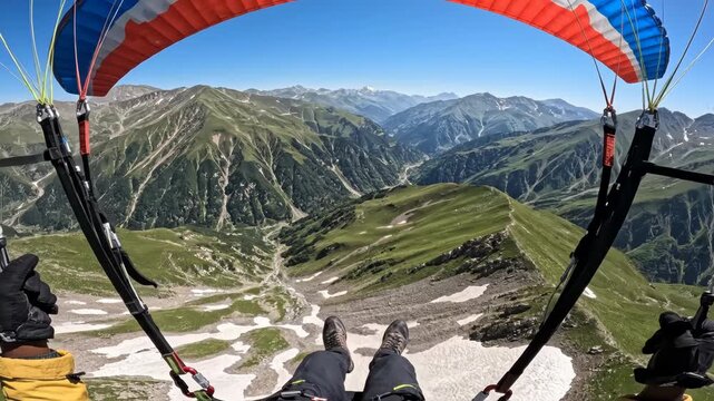 Stunning aerial view of mountainous landscape during paragliding flight.