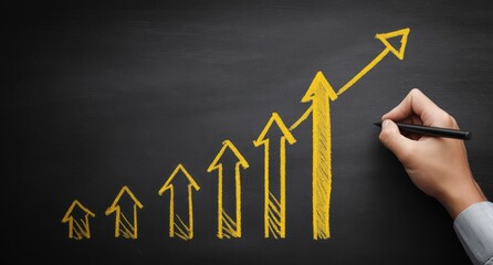 A hand uses a pen to draw a yellow upward arrow chart on a black surface representing growth and progress