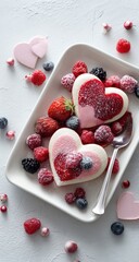 A heart-shaped dessert on a rectangular white plate with mixed berries and a silver spoon, scattered pink hearts