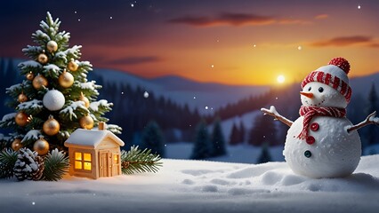 Winter Holiday Concept with Traditional Snowman in a Scenic Snowy Woods Background