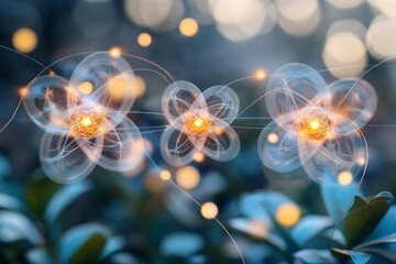 Futuristic Floral Fantasy Digital Glowing Blossoms and Artificial Blooms in Blue and Gold