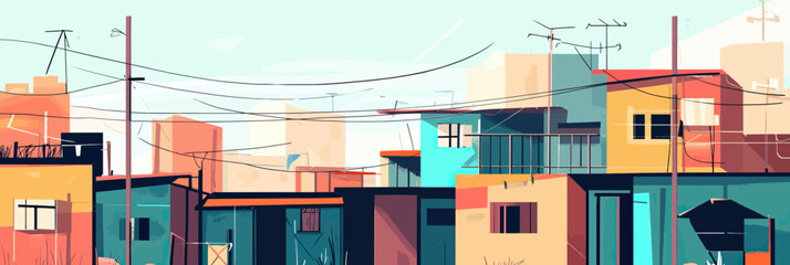 Colorful urban residential buildings with antennas cables flat minimalist cityscape vector illustration for low income housing concept background