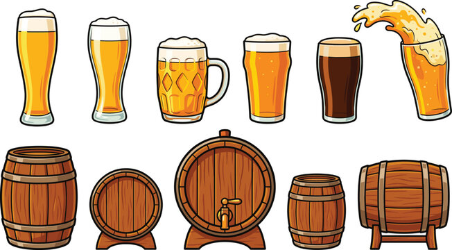 Beer glasses and wooden barrels illustration set featuring different pint styles, splashing beer and brewery storage elements isolated on white background