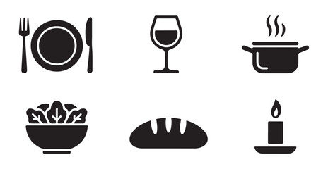 Dining and meal icon set with plate fork knife wine glass steaming pot salad bread candle