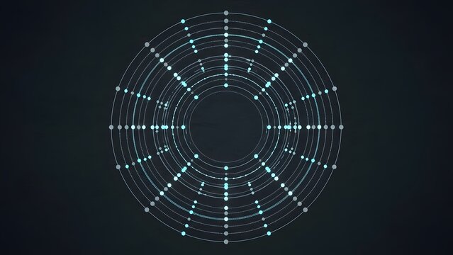 Abstract Digital Grid with Concentric Circles and Glowing Dots on Dark Background. - Powered by Adobe