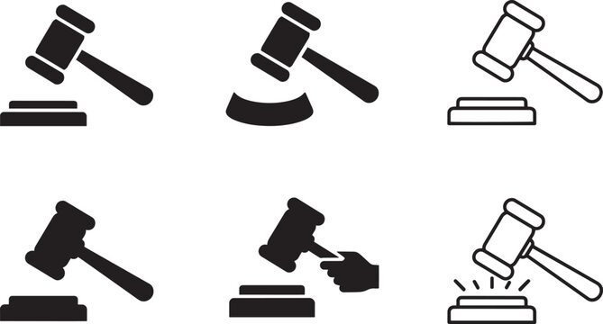 Set of 6 judge gavel icons isolated on transparent background