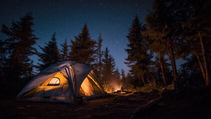 A lit tent glows warmly beneath a starry night sky, with a small fire burning in the foreground amongst tall trees