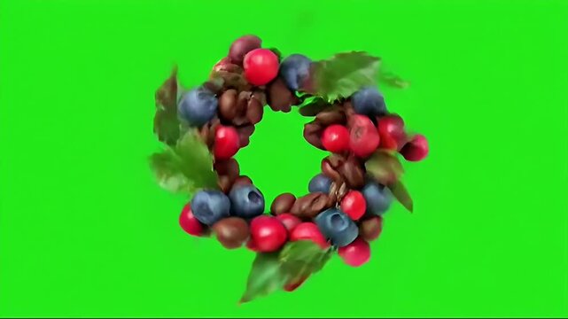 Natural coffee beans ripe blueberries and red cranberries with green leaves composition
