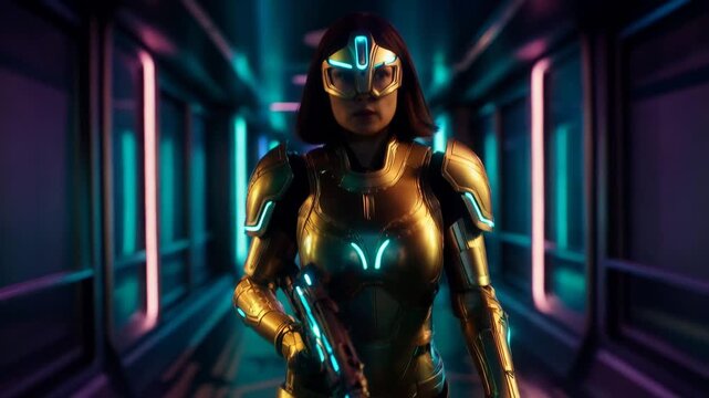 Futuristic armored female android with glowing cyan elements standing confidently in dark sci fi corridor with neon lights and metallic walls in background. Concept of artificial intelligence and cybe