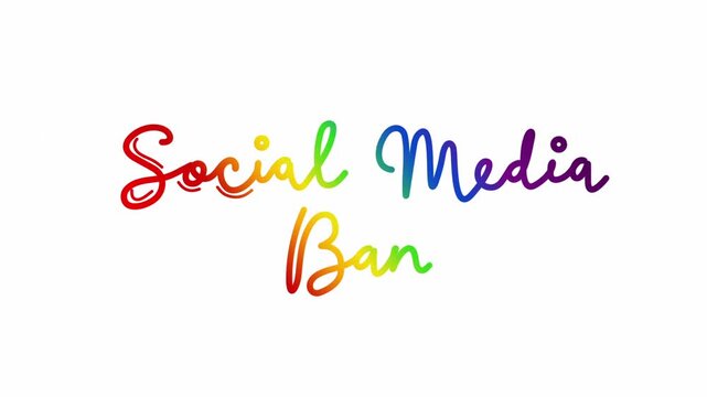 social media Ban One line continuous animated lettering typography intro outro footage, hand drawn calligraphy monoline single line vintage text on background video animation rainbow type on white bg