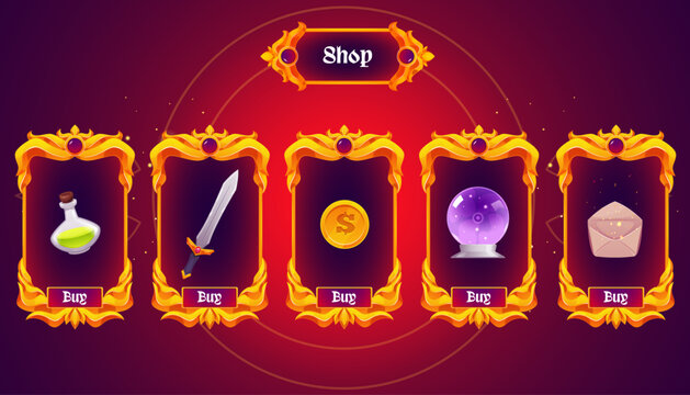 Shop game menu, golden frames with gemstones, vector cartoon vintage magic crystal ball, envelope, coin, sword, elixir
