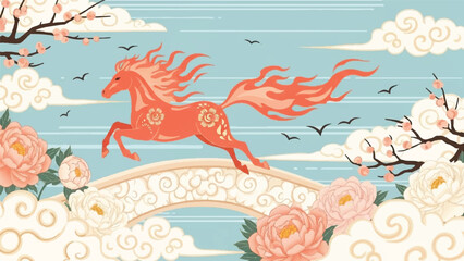 Obraz premium An orange horse runs across a decorative bridge surrounded by flowers and clouds