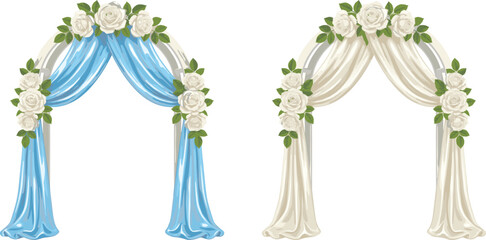Obraz premium Wedding floral arch illustration set with elegant draped fabric and white roses, romantic ceremony decorations isolated on white background
