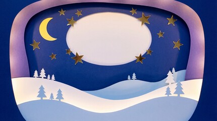 Magical winter night with moon stars and snow covered trees under celestial sky