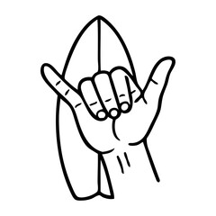 Logo club de surf. Dibujo de trazo &uacute;nico de mano con se&ntilde;al shaka con tabla de surf. Mano con s&iacute;mbolo hang loose