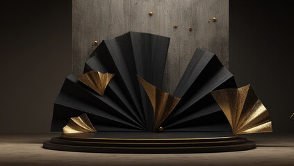 A luxurious black and gold display stage, crafted with intricate fan-like panels and elegant accents, set against a concrete wall