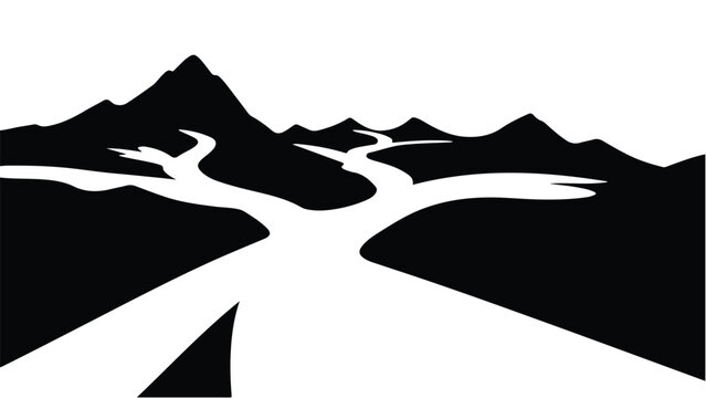 A winding river flows through a mountainous landscape under a clear sky.