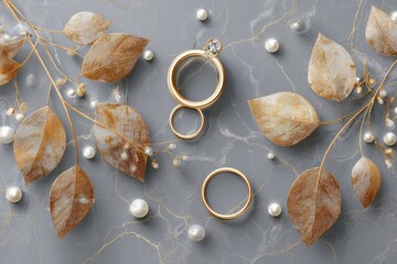 A luxurious, stylized composition of golden rings, leaves, and pearls against a textured, grey-marble backdrop with subtle gold veining
