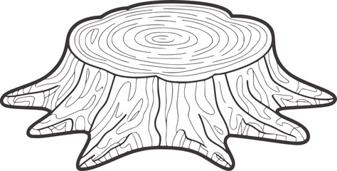 Hand drawn black and white line of a tree stump cross section