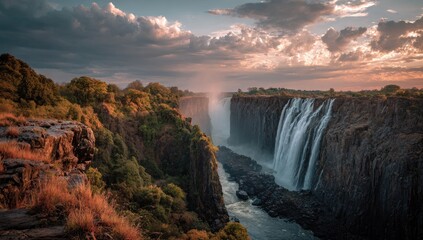 A majestic waterfall cascades into a deep gorge, framed by cliffs, lush vegetation and a dramatic, colorful sunset sky